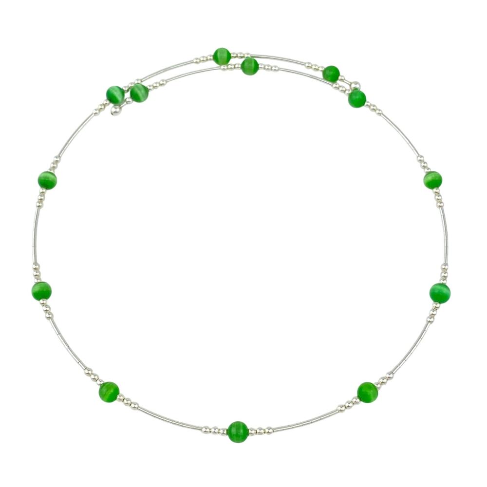 Vintage Sterling Silver 925 Green Cat’s Eye Memory Wire Necklace 16"